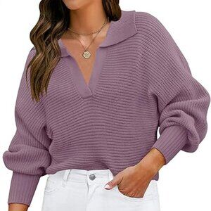 ZESICA Women's Lapel Collar V Neck Long Sleeve Comfy Loose Knit Sweater Sz Large